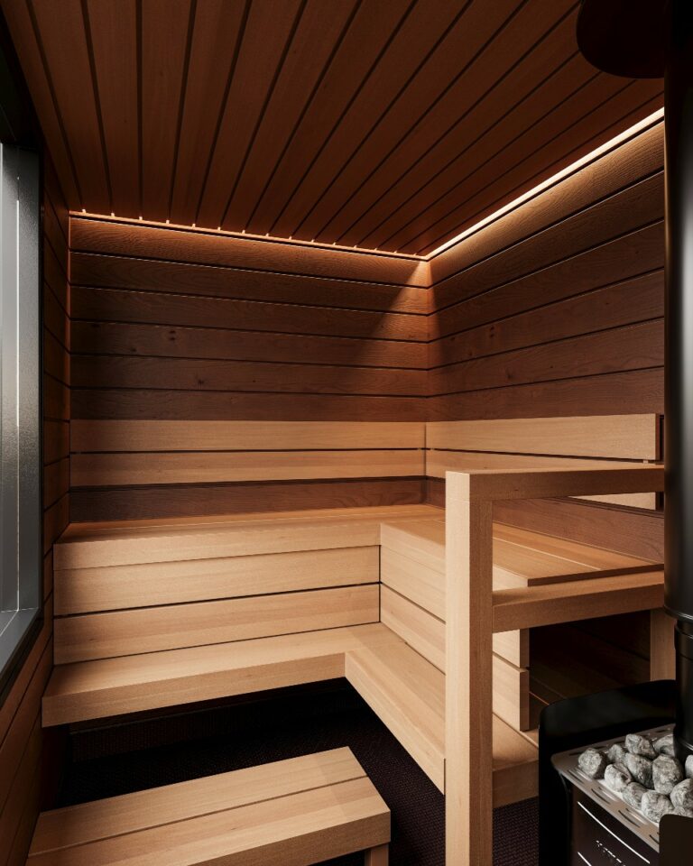 Bastuvagn med hörnbänk: Stark bastulavar, al – Direkt-panel, värmebehandlad asp