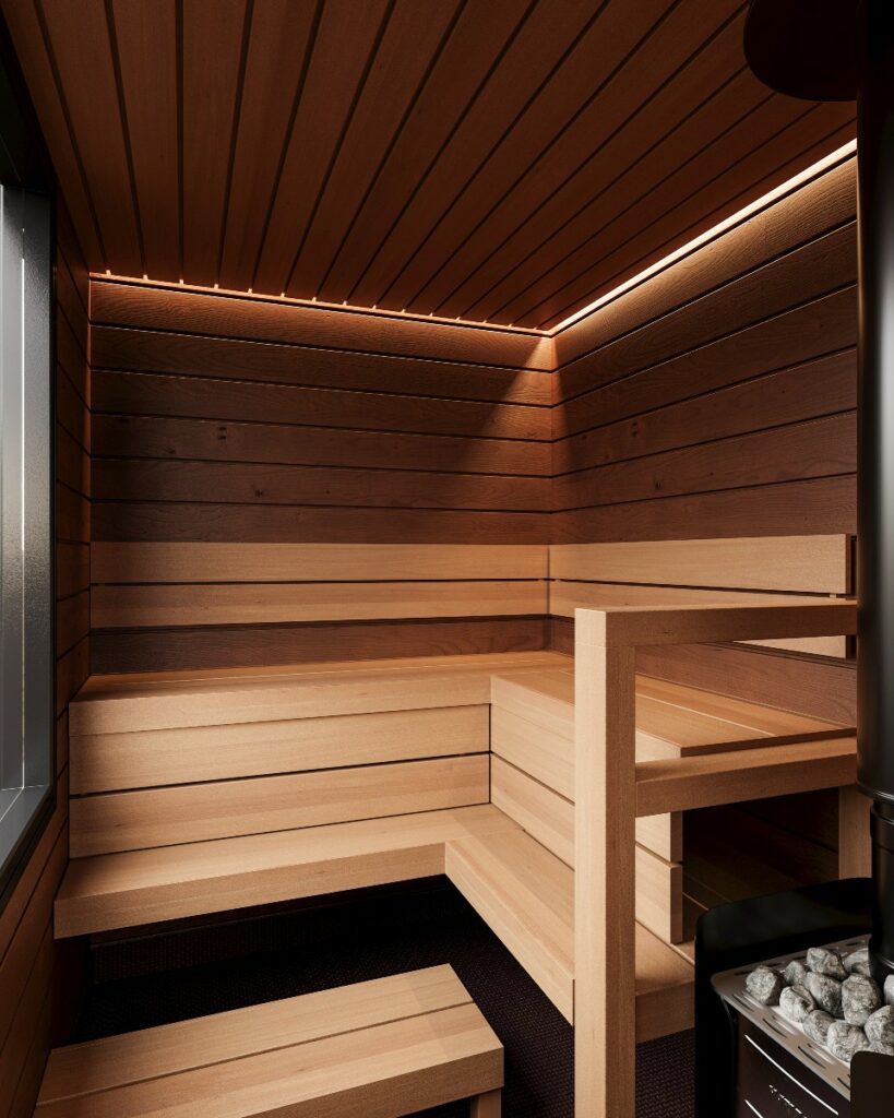 Bastuvagn med hörnbänk: Stark bastulavar, al – Direkt-panel, värmebehandlad asp